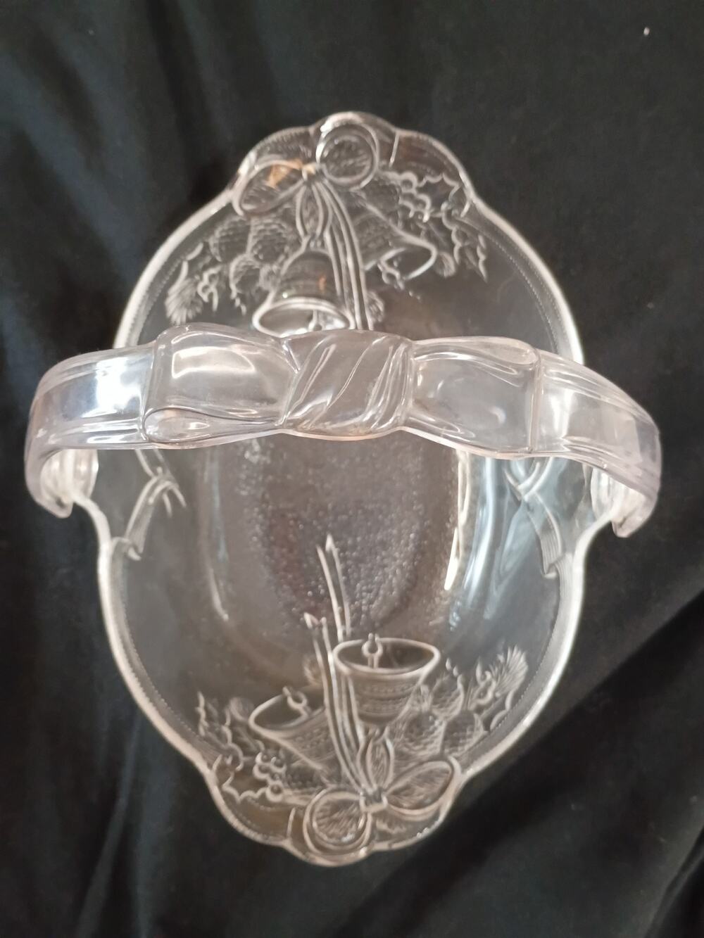 VTG Mikasa Holiday Bells Christmas Crystal Basket Dish w Plastic Handle 9x7x7